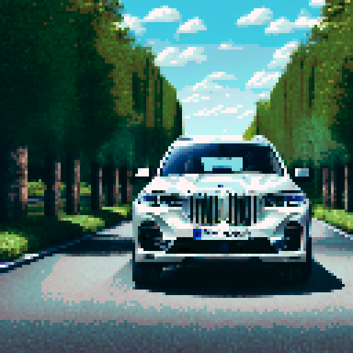 Photorealistic, centered BMW X7 in a three quarter view, right wheel in front, clean background, pixel art style with sRGB colors
