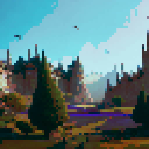 a majestic castle on a hill over a mini bus rank and purple jacaranda trees with tiny people