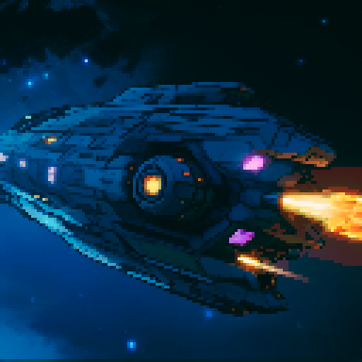 spaceship with sleek metallic exterior, glowing engine fires, starry backdrop, vibrant pixel art, sRGB colors
