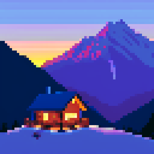cabin subject, lights are on, eastern mountains in background, sunset