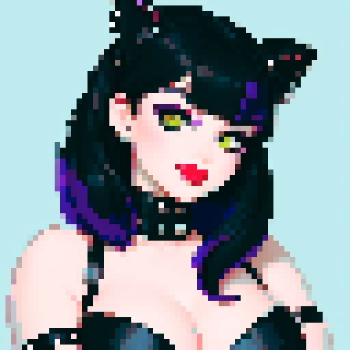 curvy, cute goth cat girl face, black hair, purple eyeshadow, red lipstick, studded leather, face portrait, glamour shot, vibrant sRGB colors, pixel art