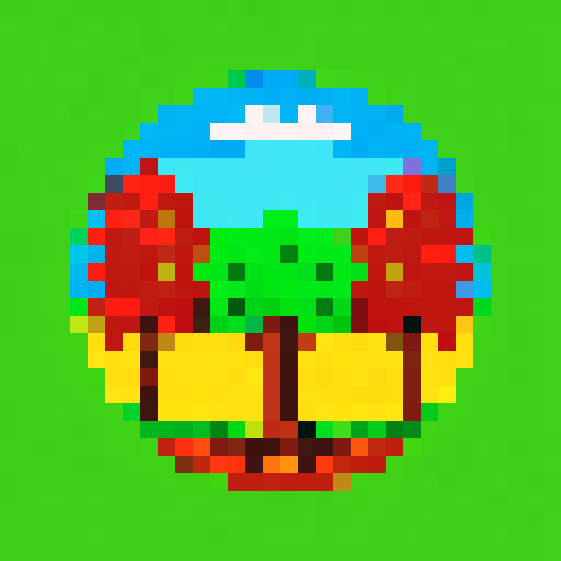 Colorful tree, vibrant leaves, intricate branches, 32x32 pixel style, with a whimsical twist, for a badge in a video game, capturing the essence of nature in pixel art, sRGB