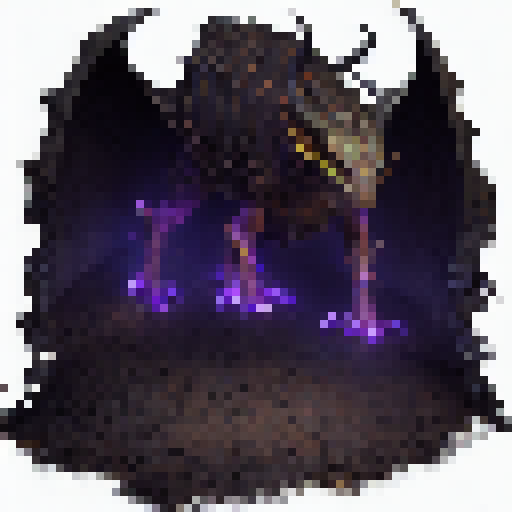 A towering, horned creature with shimmering scales and glowing eyes emerges from the shadows, ready to defend its treasure hoard in the midst of a dungeon crawl.