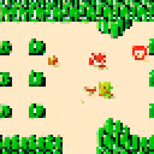 new monsters, towering trees, fork instead of sword, pixel art, sRGB