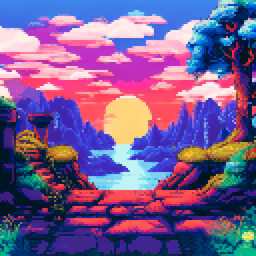 Undertale Ruins exit, a mossy stone archway towering above a winding path leading out of the underground, framed by lush green foliage and a faded, pixelated sunset in the sRGB background