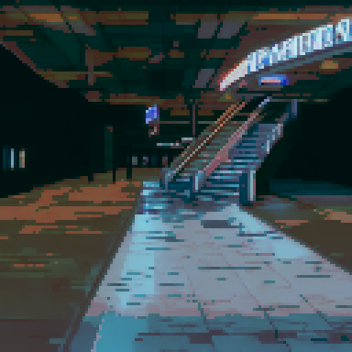 empty mall at night, nobody there, immaculate, clean, neon signs, foyer, arcade, moonlight, first person view, shadows