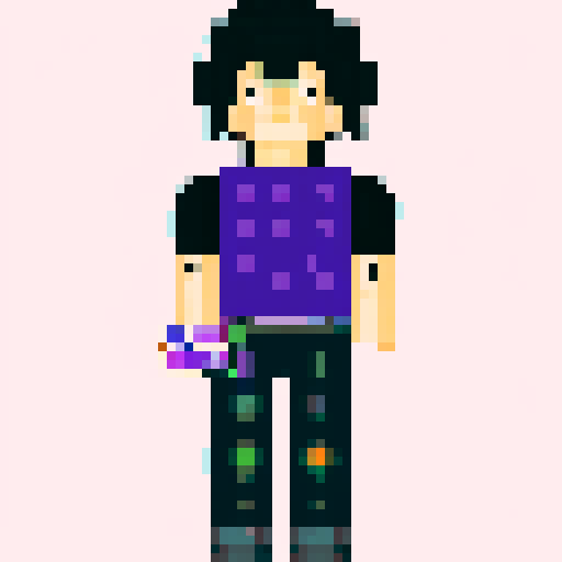 Buff white man, arms crossed, long black hair, purple aura, purple eyes, wearing only black baggy pants, pixel art