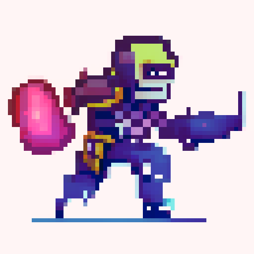 A skeleton knight with a neon green cape.