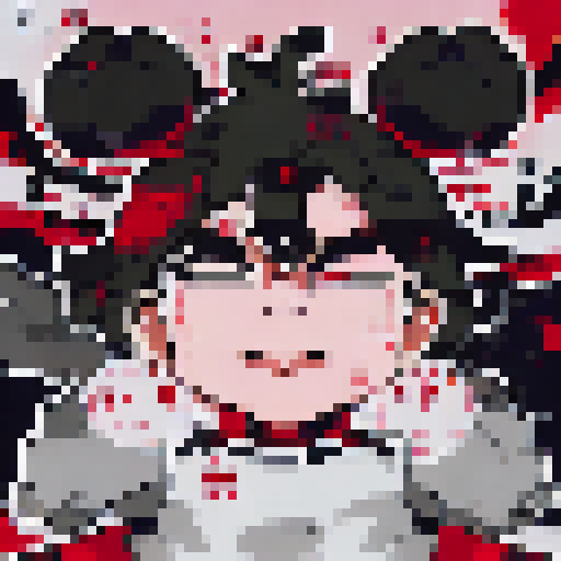 Anime-style pixel art close-up portrait of a fierce samurai warrior with a flowing red cape, wielding a gleaming katana sword against a backdrop of cherry blossom trees.