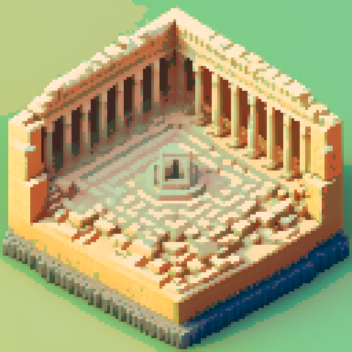 Ruined and destroyed grand temple of Apollo, in the desert, Hex Map Temple Icon.
