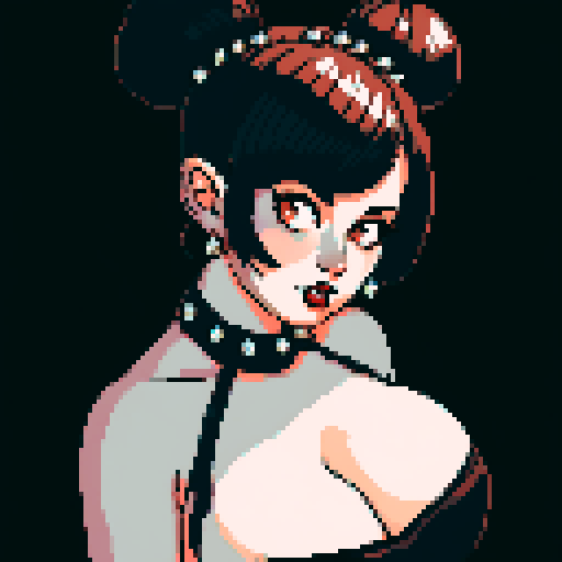 curvy, seductive busty goth babe with studded collar, hair in buns, aroused nude big titty goth in a close-up nude glamour shot, wearing halter top, against a modern tile backsplash, pixel art, sRGB