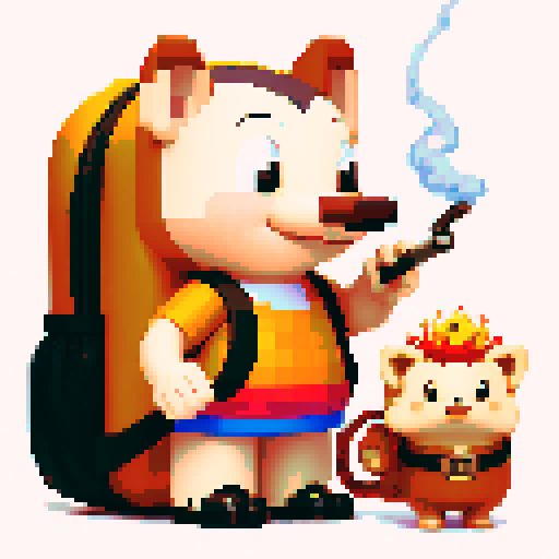 antropomorphic smiling hedgehog with travellers backpack and smoking pipe