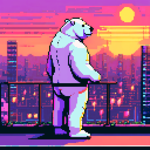 "An 8-bit pixel art of a polar bear looking out on a sleek, modern balcony, overlooking a glowing sunset. The bear, adorned with gold chains and sunglasses, leans casually on the railing, with stacks of crypto coins and a tablet showing trading charts beside him. The futuristic cityscape below is lit with neon signs and holograms, blending the serene sunset with the high-tech crypto world."