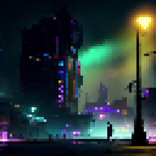 "Create a cybernetic-infused slum where neon lights flicker amidst towering skyscrapers, in a sideview RPG style, for a battleback scene in the latest RPG Maker MZ."