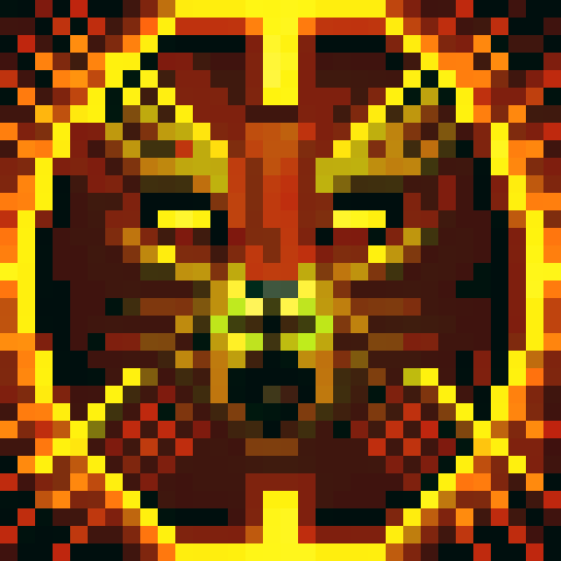 tiger face, game icon, 32x32 pixel art, sRGB, skill art, close up, portrait, fierce expression, vibrant orange fur, piercing yellow eyes, defined black stripes, intense level of detail