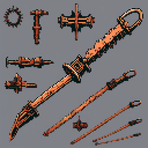 I want a copper structure reminiscent of an ancient magical chainsaw. It should look huge (10 meters long at least), very complex and expensive, and very old. I also want this object usable an asset in a videogame, meaning only one object per image, outlined with a strong black stroke, on a solid-color background.