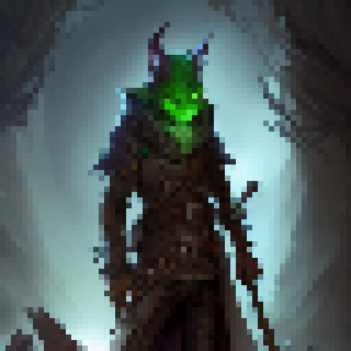 "Goblin thief, armed with a jagged dagger and wearing a ragged cloak, sneaks through a misty forest filled with glowing mushrooms and ancient ruins in a fantasy RPG art style."