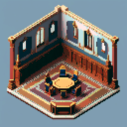 royal council, building, inside, block, wood, one discussion table, wooden interior, council room, columns, isometric