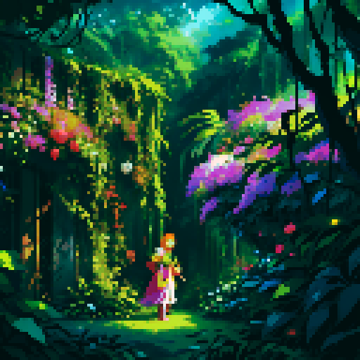 lush jungle forest, haphazard ruins, choked with vines, vibrant flowers in trees, mysterious