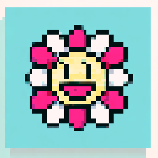 A vibrant, neon cityscape with towering skyscrapers and bustling streets, all in the iconic pixel art style of sRGB and set against a stunningly detailed sunset background