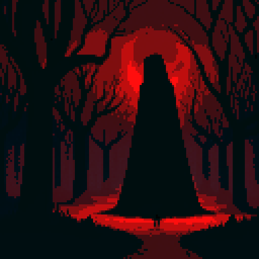 pixelated, shadowy silhouette, twisted trees, ominous moonlight, hidden secrets, sinister figures, eerie fog, blood-red sky, haunting atmosphere, mysterious pathways