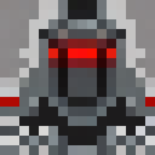 White body with red circuits and glowing blue eyes in a game icon-style 16x16 pixel art close-up portrait.
