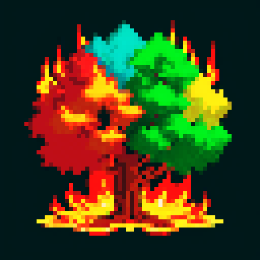 A blazing, pixelated tree engulfed in vibrant flames, radiating intense colors in a distinctive sRGB style