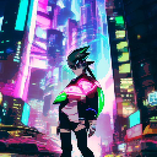 "An INTJ genius hacker with neon green hair, wearing a leather cyberpunk outfit, types furiously on a holographic keyboard in a futuristic city, surrounded by glowing lines of code in anime style."