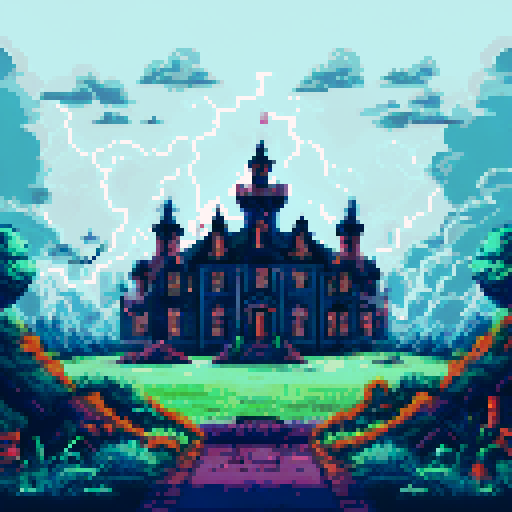Haunted plantation style mansion, looming atop a hill, with a winding cobblestone pathway leading to its entrance, under a black night sky filled with ominous thunderclouds and sporadic bursts of lightning, all depicted in pixel art, creating a haunting background landscape