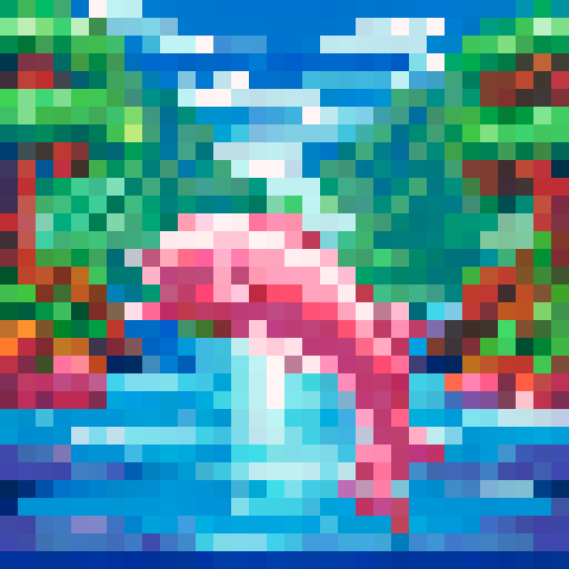 a pink dolphin jumping in a river in the middle of a rainforest