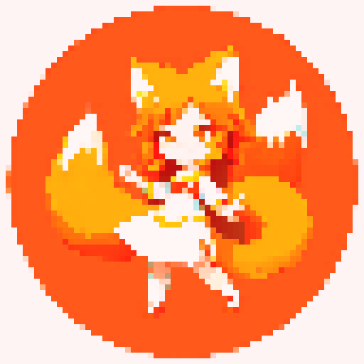 Kitsune girl with flowing fiery tails, vibrant orange and white fur, delicate fox ears, and a mischievous smile, in pixel art with sRGB color palette
