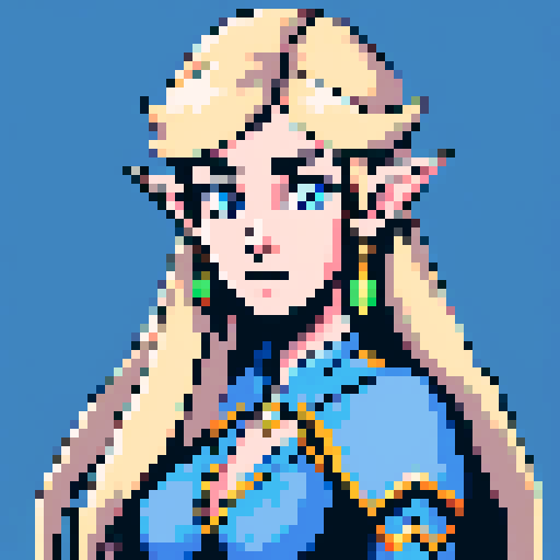female elf, long blonde hair, blue eyes, shoulders up, pixel art