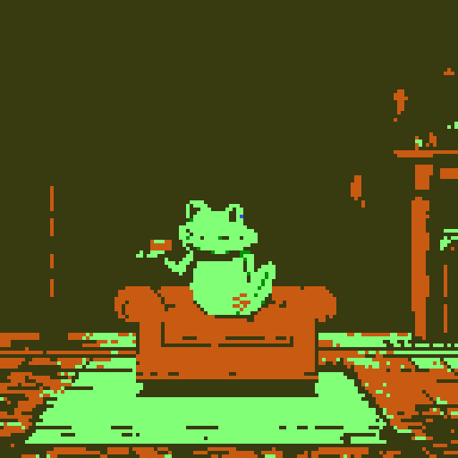 In the cozy ambiance of a dimly lit room, a small, jovial frog perches comfortably upon a plush couch chair, its diminutive size emphasized by the vastness of the furniture. The flickering flames of a nearby fireplace cast a warm glow, enveloping the space in a soft, golden light, creating an atmosphere of comfort and relaxation. With a mug clasped delicately between its tiny webbed fingers, the contented frog takes a sip of steaming coffee, its expression reflecting pure bliss.