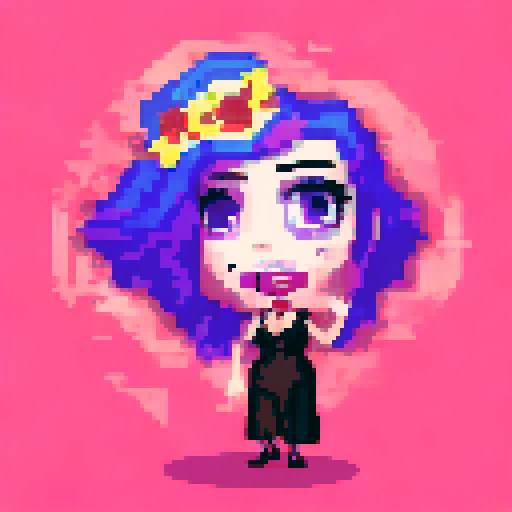 curvy, cute, busty greaser goth girl, with purple hair, black eyeshadow, red lipstick. Very busty wearing bikini, studded collar. Posing in a sexy seductive glamour shot, whole head portrait, avatar photo. vibrant sRGB colors, pixel art, edgy aesthetic