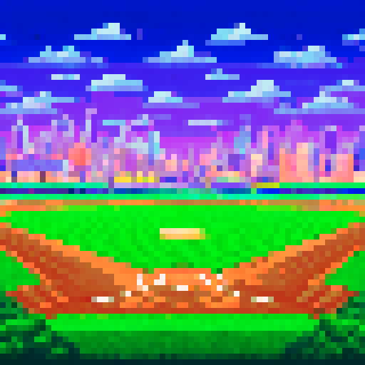 Baseball field, vibrant green grass, neatly lined white bases, players in colorful uniforms, fans cheering in stands, towering floodlights illuminating the night sky, scoreboard displaying team names and scores, pixel art rendition, sRGB color palette, detailed background landscape
