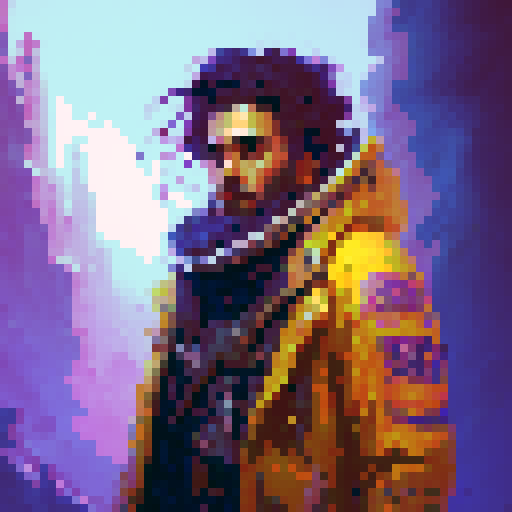 Fierce, weathered pirate captain with a patch over one eye, a bushy black beard, and a gold hoop earring glaring out from a background of stormy seas, headshot, portrait only, pixel art