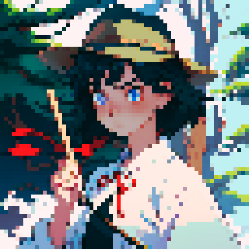 A young girl, rounded face, blue eyes, short black hair, white shirt, beige hat, red neck ribbon, holding an incense stick, dark night time in the forest background, midnight, dark forest