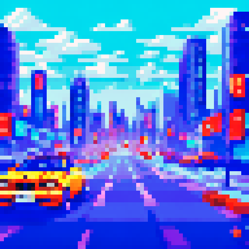 bmw cars, pixelated, vibrant colors, retro video game style, sRGB, pixel art, detailed shading, urban cityscape, futuristic skyscrapers, bustling streets, neon lights, busy traffic, sleek designs, speed and motion, dynamic angles, geometric shapes, low-poly architecture, vibrant backgrounds, energetic atmosphere, high contrast, sharp edges, digital aesthetics, futuristic technology