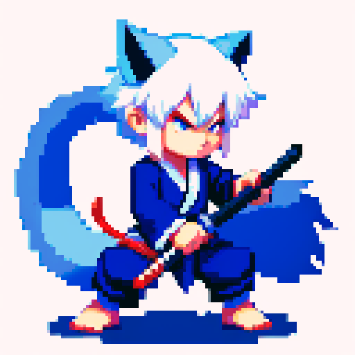 beast man with wolf ears and tail, white hair, brilliant dark blue yukata, pixel art, sRGB, 2D game stance, tall and slim, katana