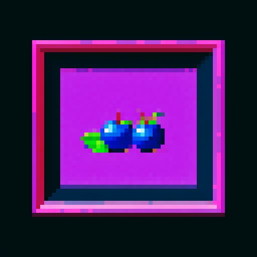 blueberry art frame, pixelated fruits in vibrant colors, void inside, dark background, sRGB