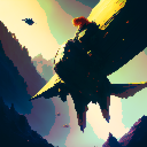 pixelated superman soaring through a vibrant, pixelated fantasy RPG world, with majestic mountains, towering castles, and mystical creatures