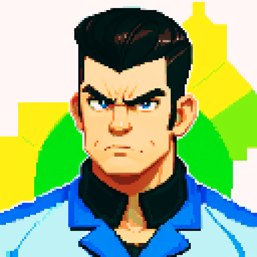 Muscular, tough greaser man with a pompadour hairstyle, wearing a motorcycle jacket, pixel art, sRGB colors, portrait, face avatar