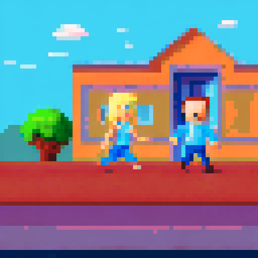 "Fit old woman and man adventurers in sRGB pixel art style, separated on opposite sides of the landscape background, with space in the middle for game links"