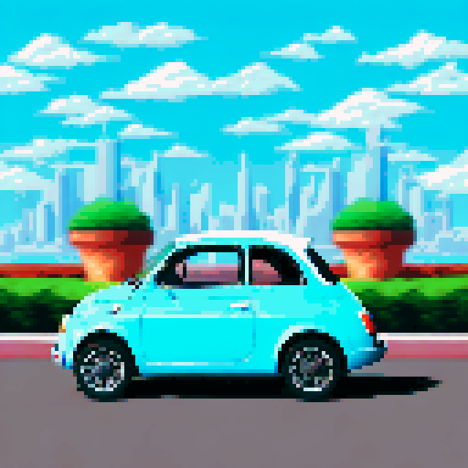 Photorealistic, centered Fiat 500 in a three quarter view, right wheel in front, clean background, pixel art style with sRGB colors