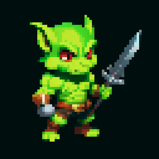 A stronger, more battle-ready goblin with sharper features, armor pieces, and a better-crafted weapon. It has a fierce expression and a muscular build. No background.

