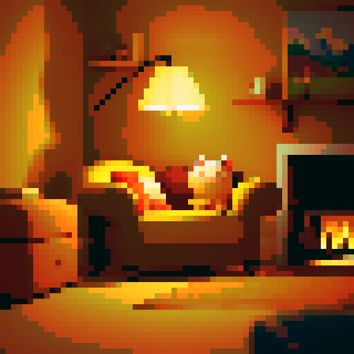 cozy, dimly lit room, small, jovial frog, plush couch chair, vast furniture, flickering flames, nearby fireplace, warm glow, soft golden light, comfort, relaxation, mug, tiny webbed fingers, steaming coffee, pure bliss, pixel art, sRGB