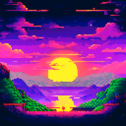 Luminous stars across a vast, midnight purple pixelated background, creating a breathtaking landscape as if seen from a spaceship