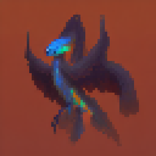 Design a fiery, winged serpent with scales that shimmer in the sunlight, featuring razor-sharp teeth and glowing eyes, in a pixel art style suitable for a fantasy RPG game.