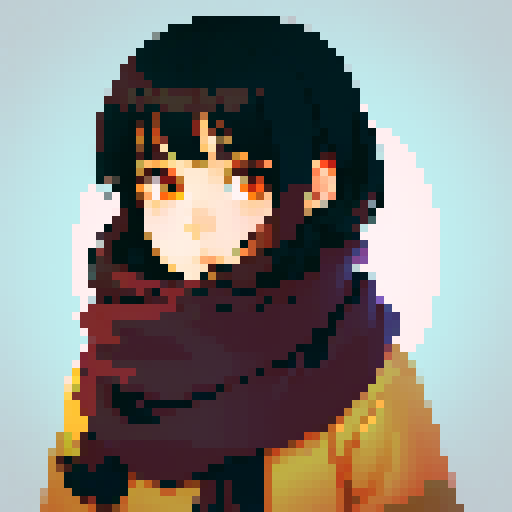 normal dark-haired girl with scarf, expressive eyes, soft shading, intricate details, whimsical charm, seamless pixelation