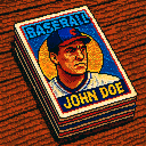 Pixel art of a vintage 1980s-style baseball card stack on a wooden table. The top card shows a serious-looking baseball player in a classic uniform with bold colors, sharp outlines, and soft pixel shading. The card design mimics 80s Topps cards with chunky lettering for a fake name. Use a vibrant Sega Genesis 16-bit style with selective dithering, geometric forms, and nostalgic retro charm. Avoid modern gradients—keep it pure pixel art.